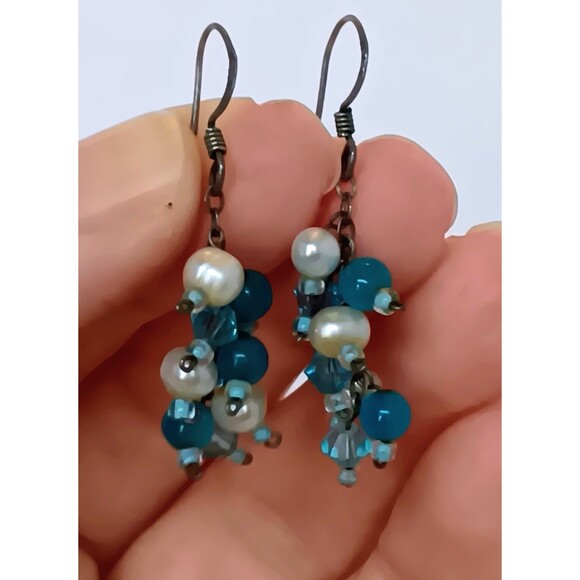 Sterling Silver Chalcedony & Pearl Cluster Dangle Earrings 1.5 in - Picture 10 of 13